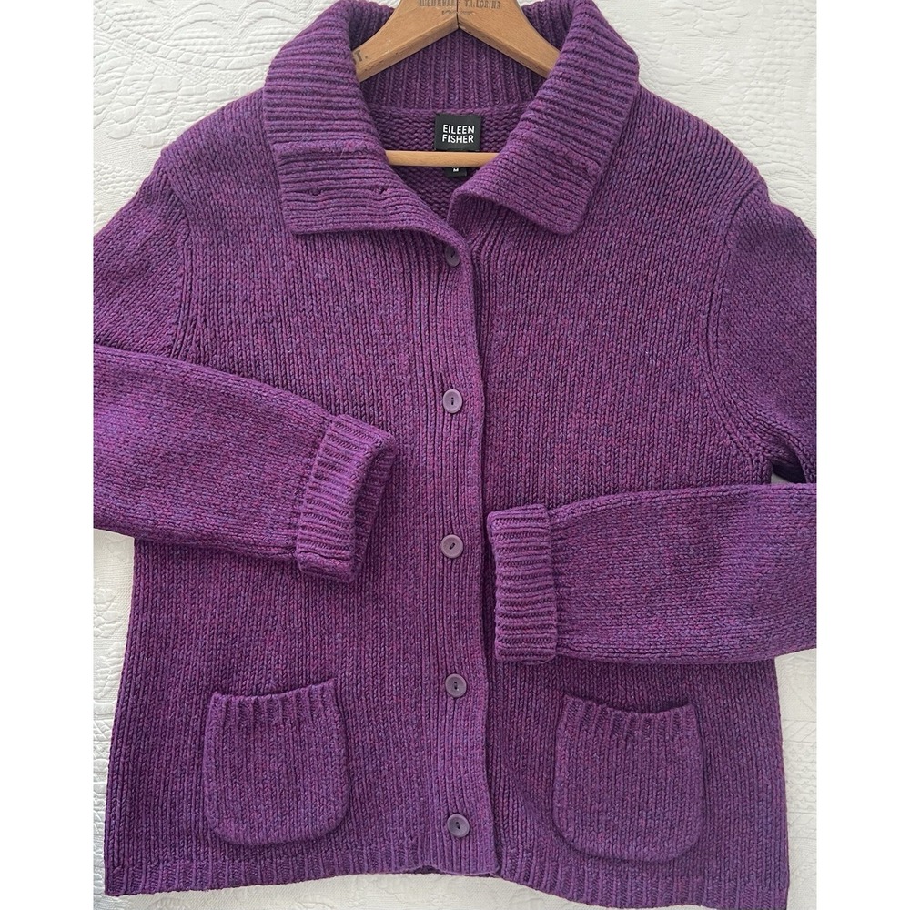 EILEEN FISHER cardigan sweater wool Blend pockets Medium Plum Heather Purple